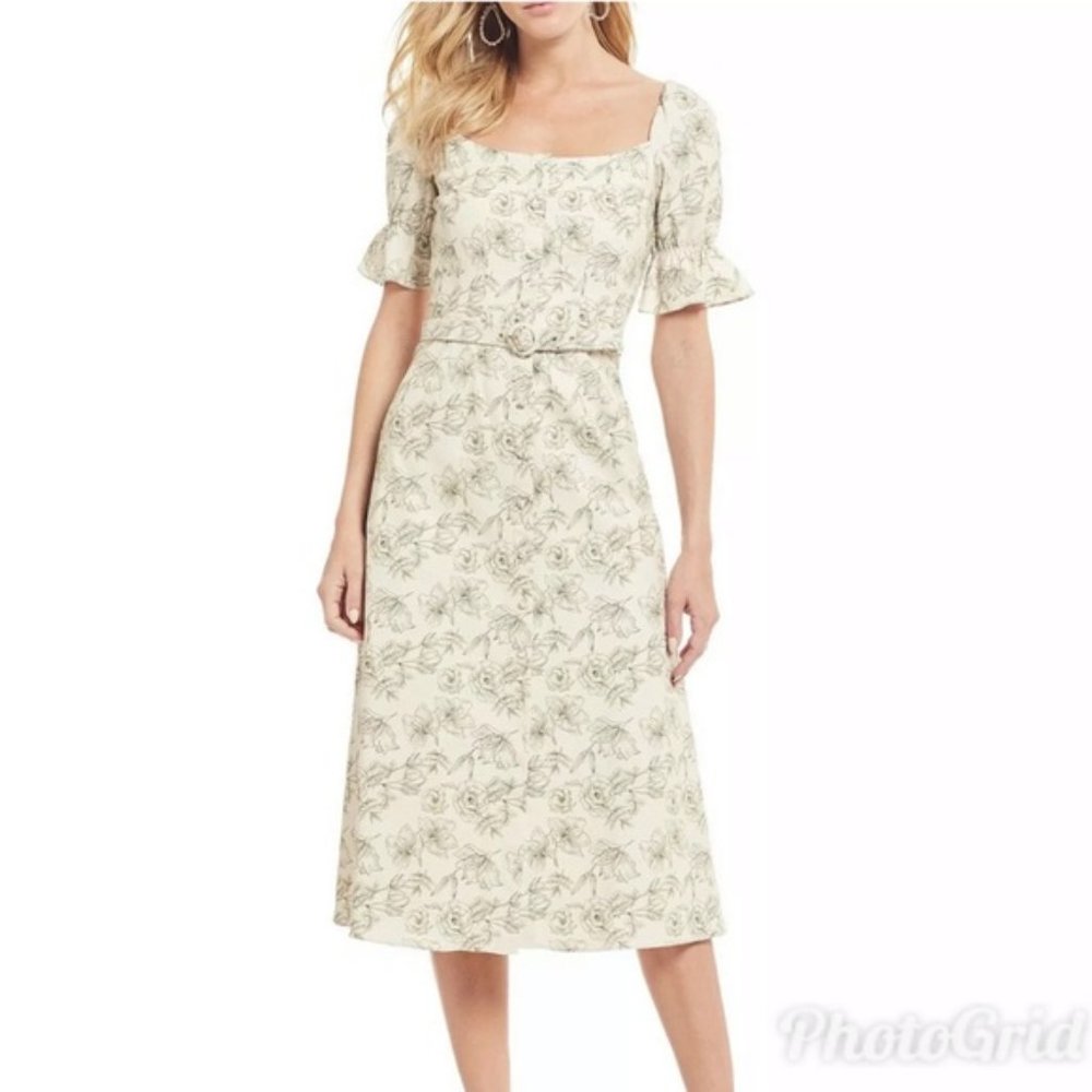 NWOT Gianni Bini Nelly Belted Green Cream Floral Classy Tea Dress Women's 4